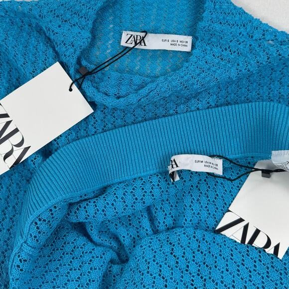 Zara Women's Pointelle Sweater Skirt Set Small Medium Turquoise Bloggers Fav - Picture 3 of 15